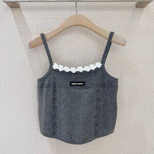MiuMiu Knitted Camisole with White Crochet Lace Neckline
